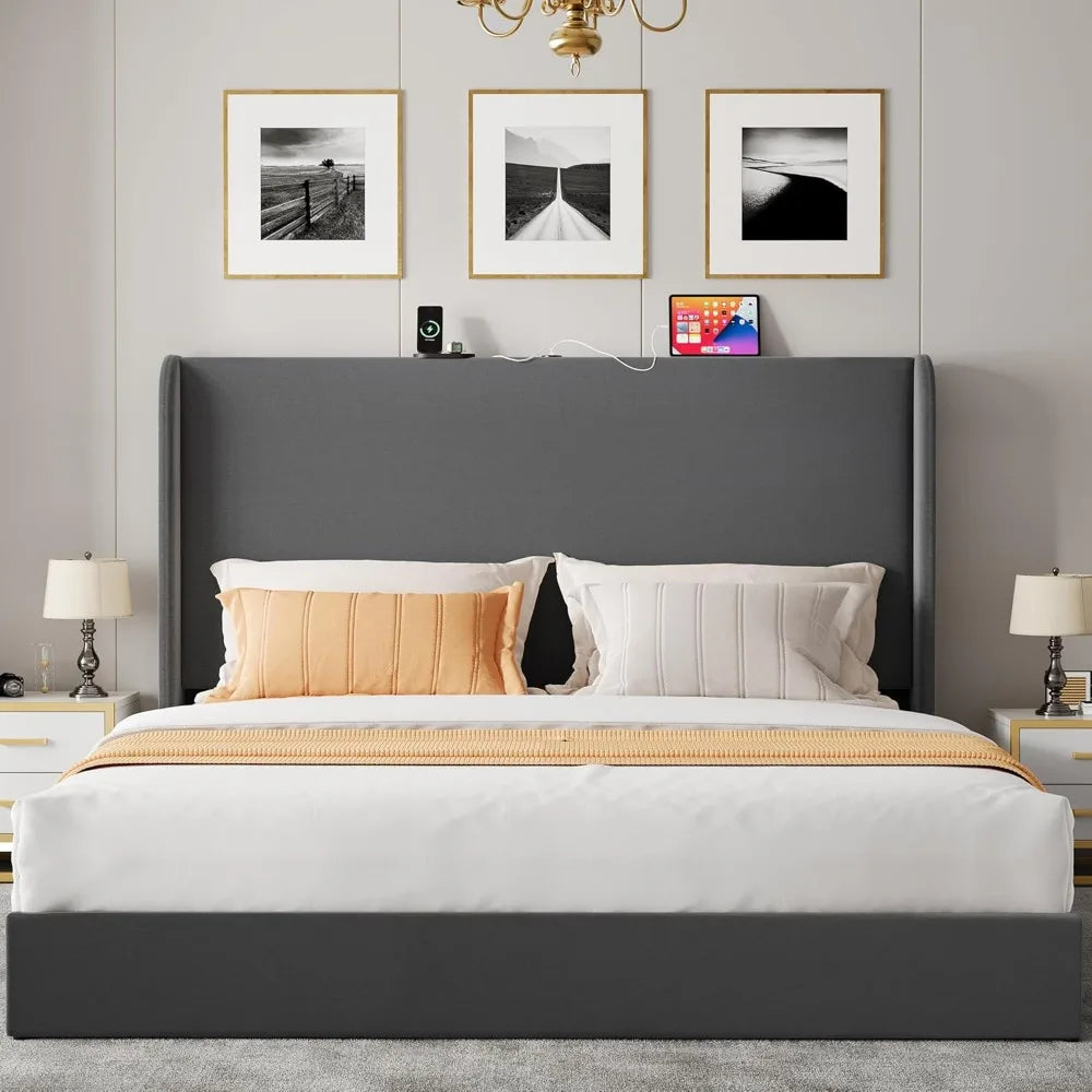 Upholstered Platform Bed Frame with Lift Up Storage and Charging Ports