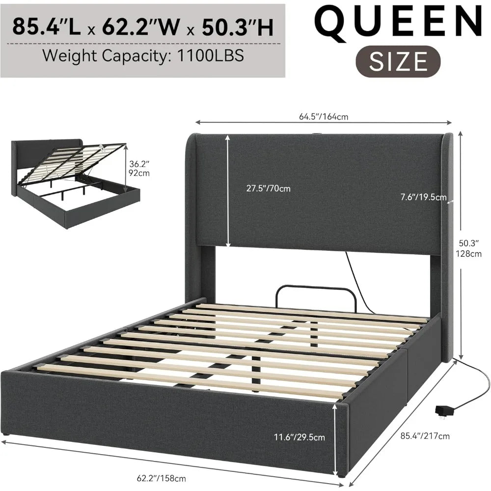 Upholstered Platform Bed Frame with Lift Up Storage and Charging Ports