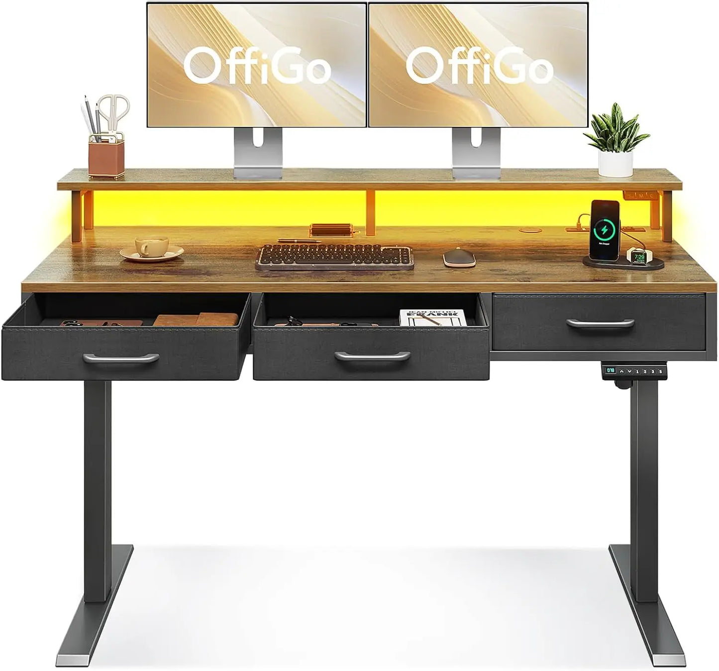 Height Adjustable Desk with Drawers, Power Outlets & LED Lights
