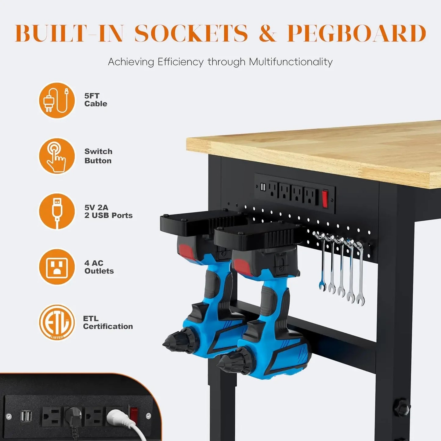 48" Heavy Duty Adjustable Workbench with Power Outlets & Lockable Wheels