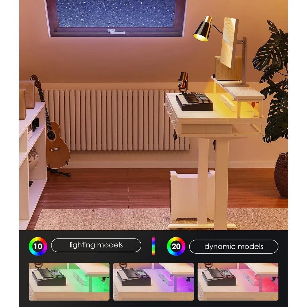 Height Adjustable Desk with Drawers, Power Outlets & LED Lights