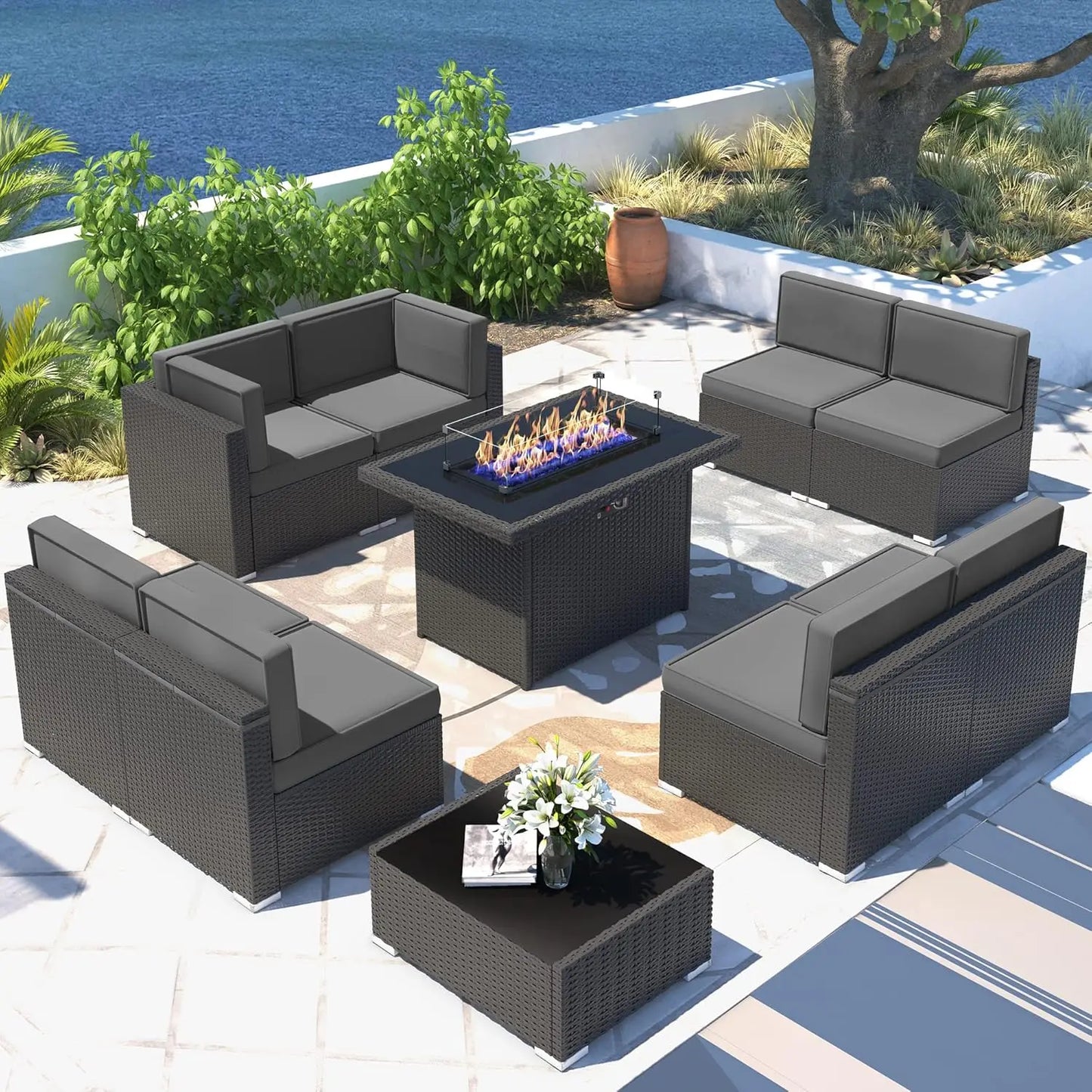 Outdoor Sectional Wicker Sofa Set with Fire Pit Table