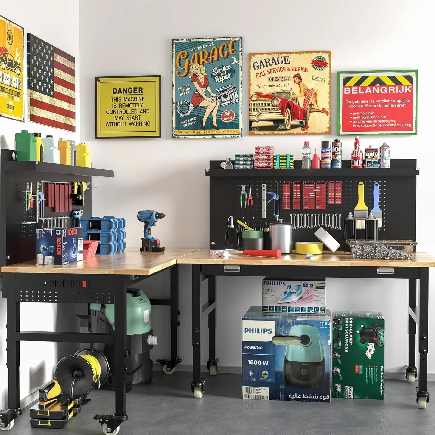 48" Heavy Duty Adjustable Workbench with Power Outlets & Lockable Wheels