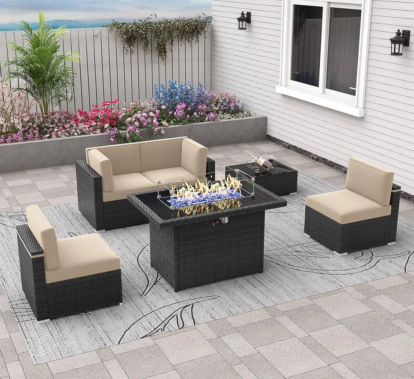 Outdoor Sectional Wicker Sofa Set with Fire Pit Table