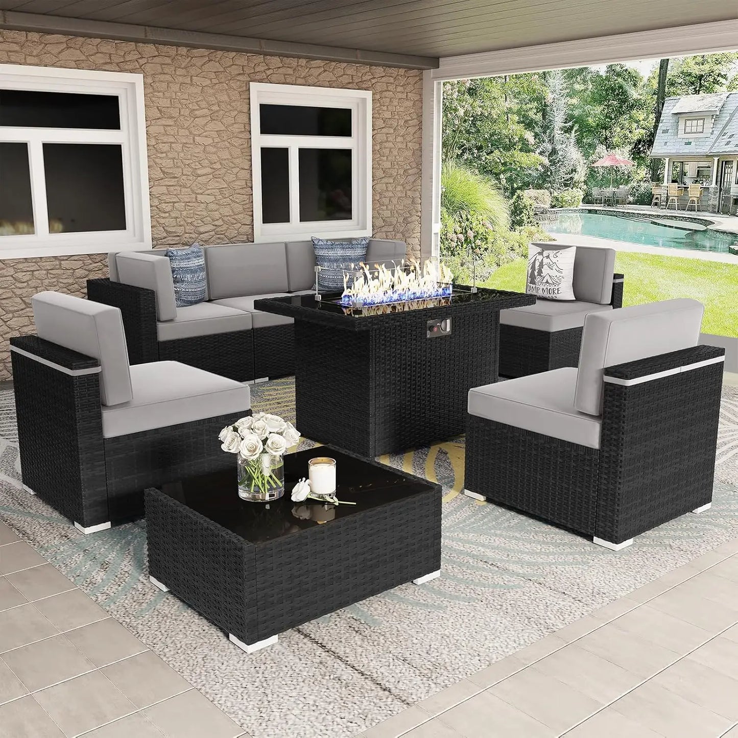 Outdoor Sectional Wicker Sofa Set with Fire Pit Table