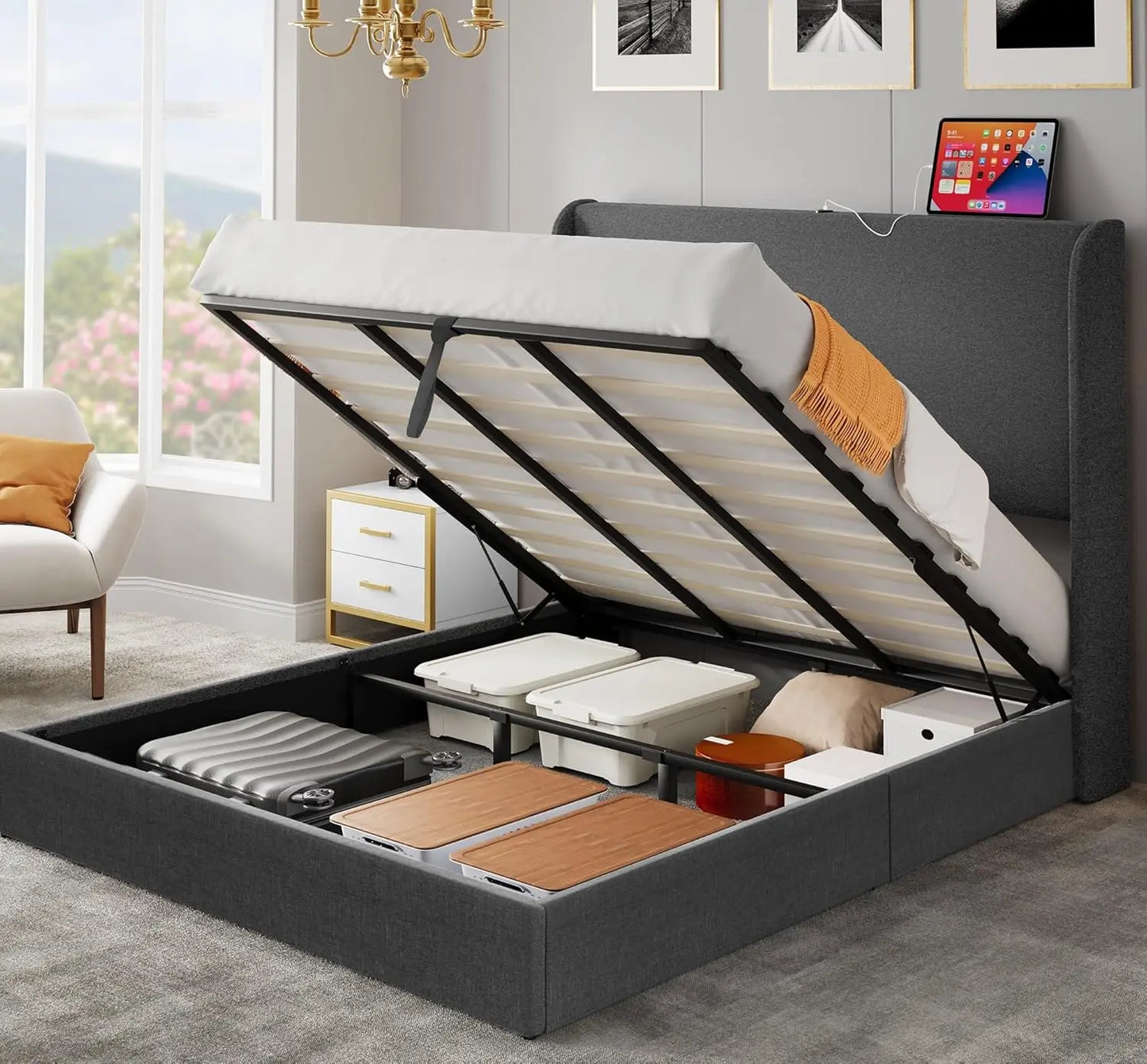 Upholstered Platform Bed Frame with Lift Up Storage and Charging Ports