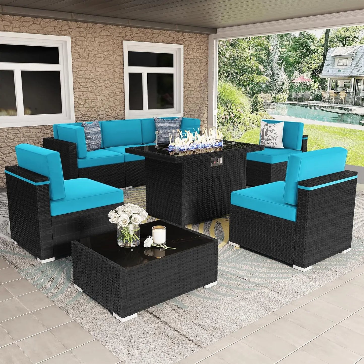 Outdoor Sectional Wicker Sofa Set with Fire Pit Table