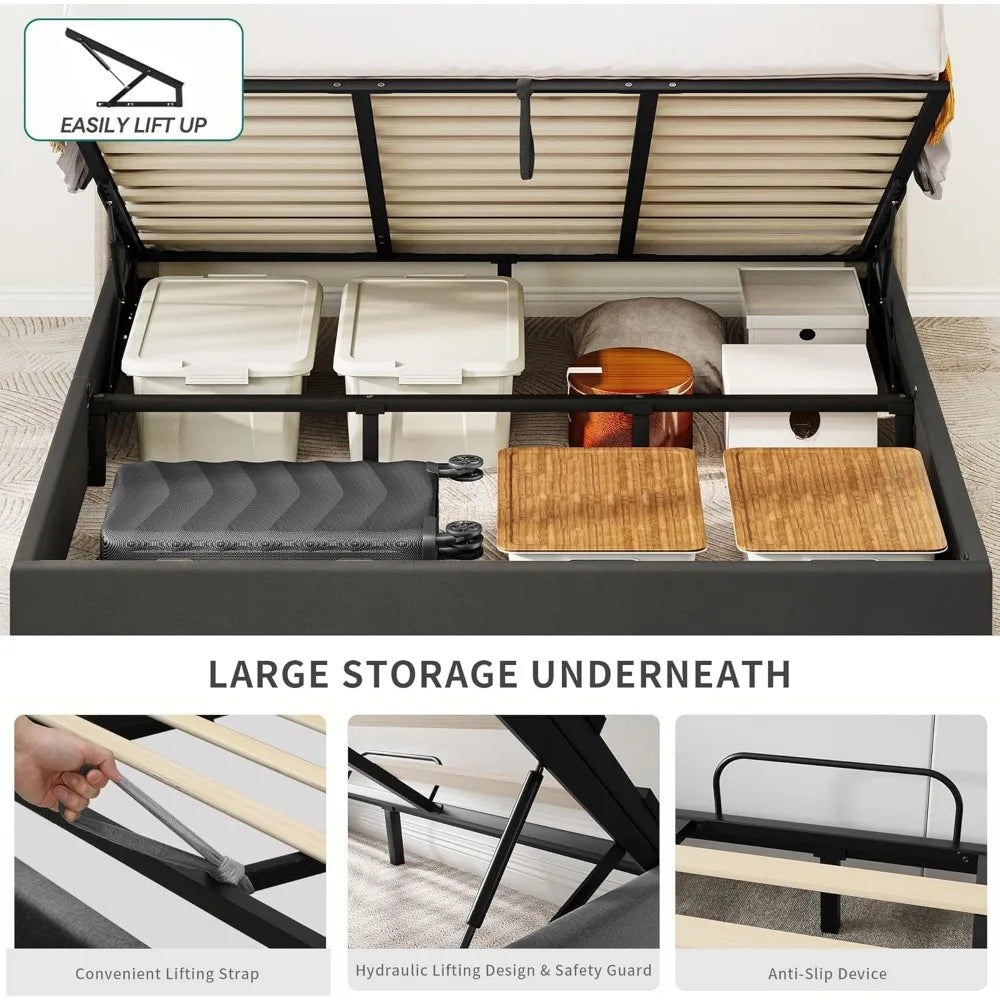 Upholstered Platform Bed Frame with Lift Up Storage and Charging Ports