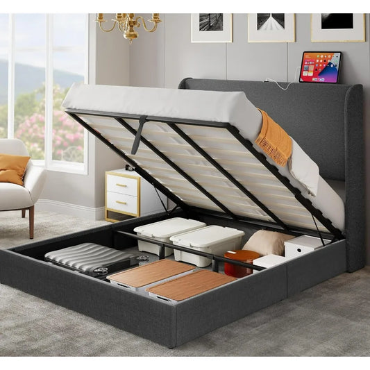 Upholstered Platform Bed Frame with Lift Up Storage and Charging Ports