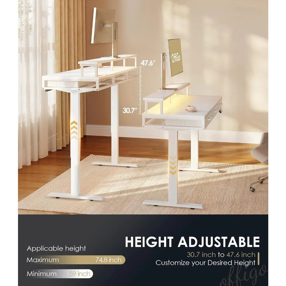 Height Adjustable Desk with Drawers, Power Outlets & LED Lights