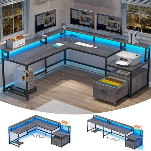 Convertible Desk with Charging Station and LED Lights