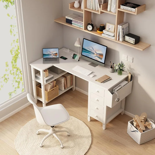 L Shaped Computer Desk with Drawers & Storage Shelves