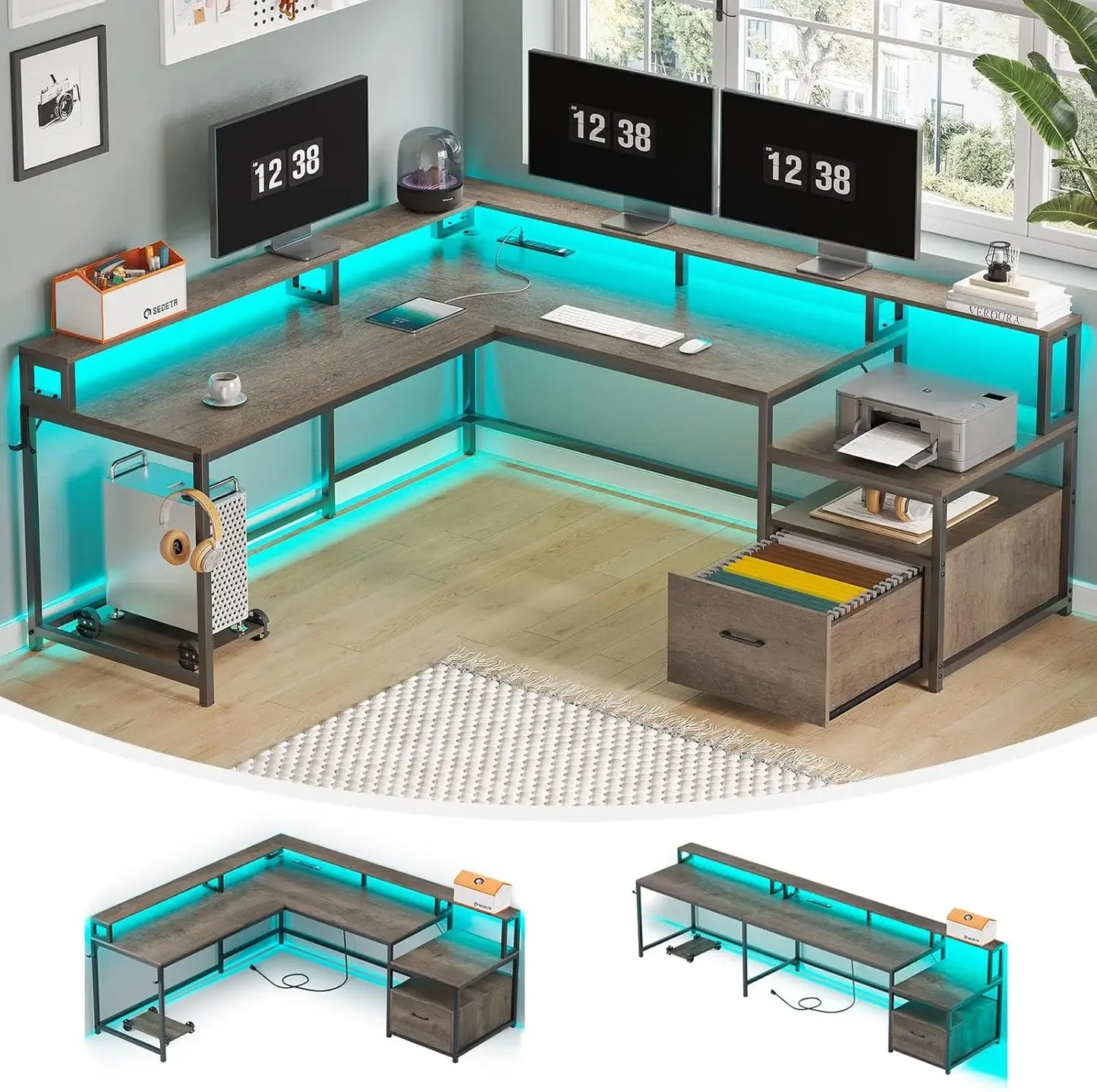 Convertible Desk with Charging Station and LED Lights