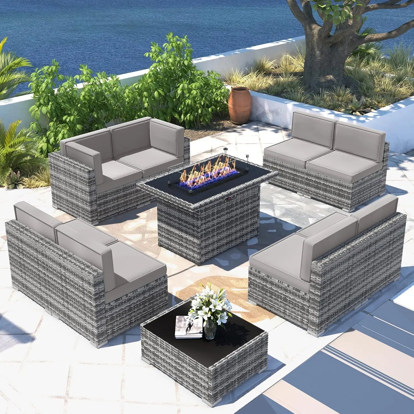 Outdoor Sectional Wicker Sofa Set with Fire Pit Table