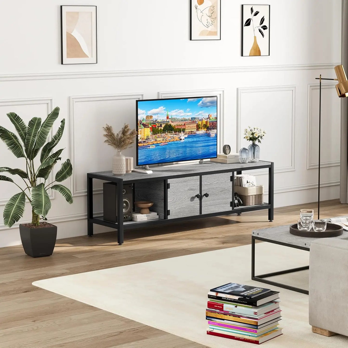 Entertainment Center with 2 Closed Storage Spaces and Open Compartments