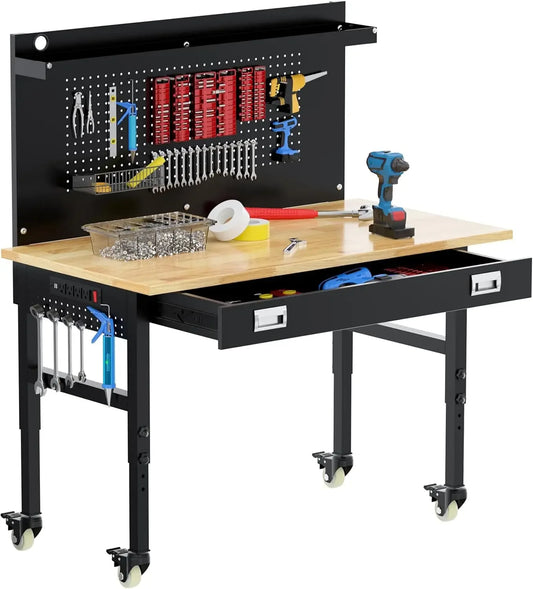 48" Heavy Duty Adjustable Workbench with Power Outlets & Lockable Wheels