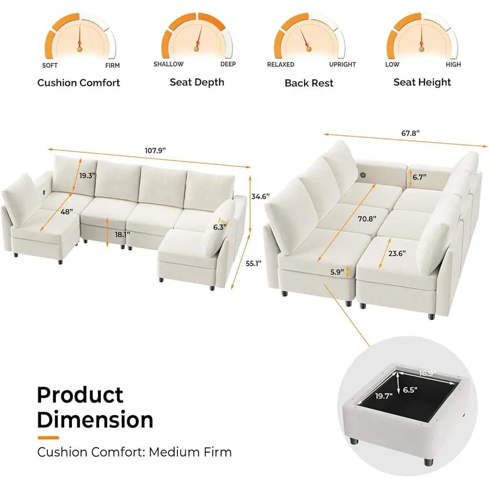 6 Seat Sectional Sofa with Storage and USB Chargers
