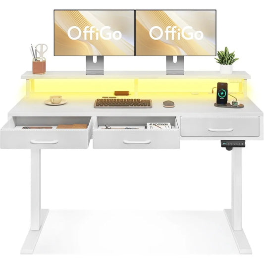 Height Adjustable Desk with Drawers, Power Outlets & LED Lights
