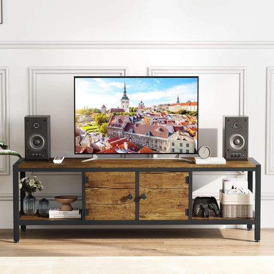 Entertainment Center with 2 Closed Storage Spaces and Open Compartments
