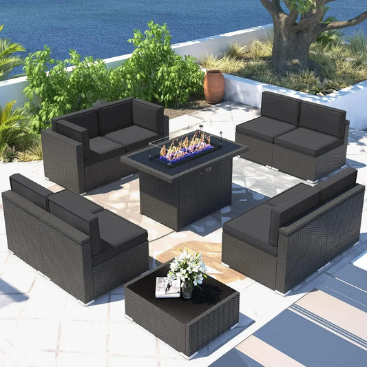 Outdoor Sectional Wicker Sofa Set with Fire Pit Table