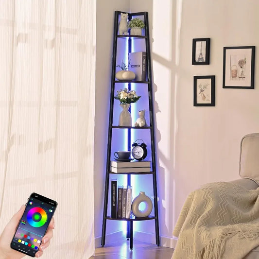 5-Tier Corner Bookshelf with LED Light